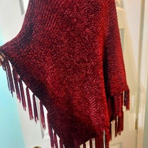 Chenille fringed poncho Burgundy XL